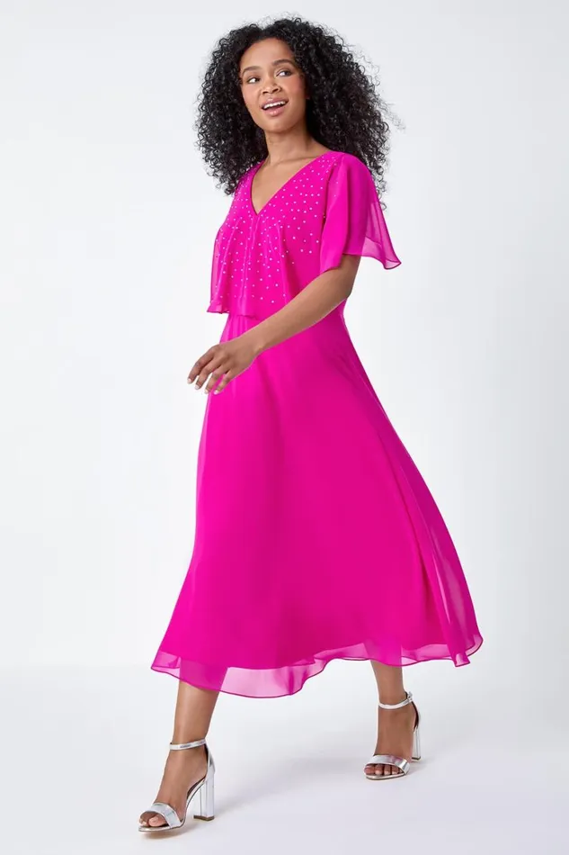 Women Pink Petite Embellished Chiffon Midi Cape Dress Roman Dresses
