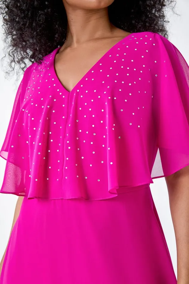Women Pink Petite Embellished Chiffon Midi Cape Dress Roman Dresses