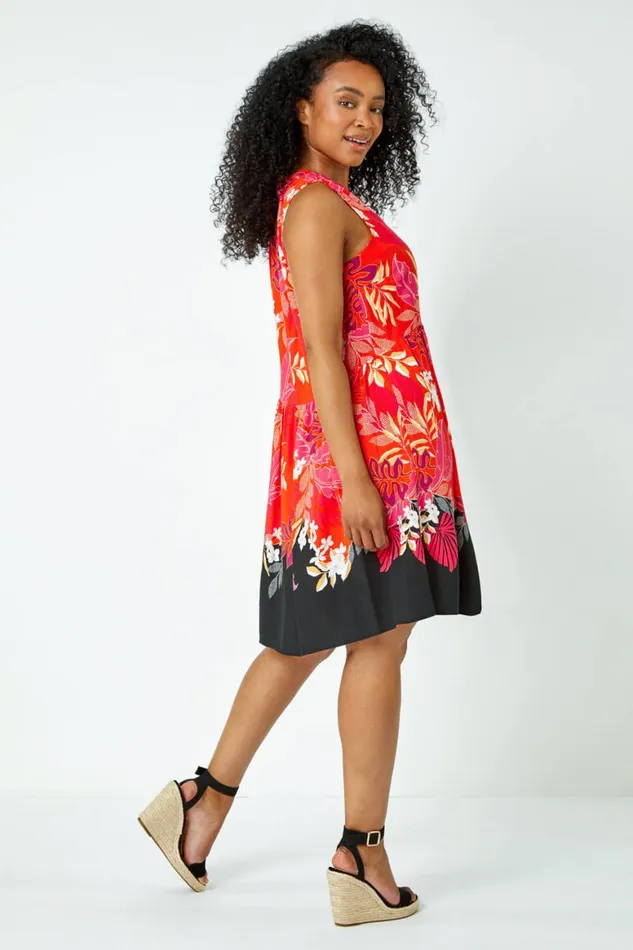 Women Pink Petite Palm Print Tunic Dress Roman Dresses