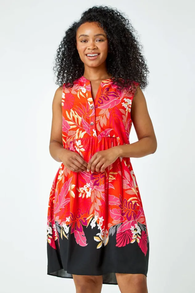 Women Pink Petite Palm Print Tunic Dress Roman Dresses
