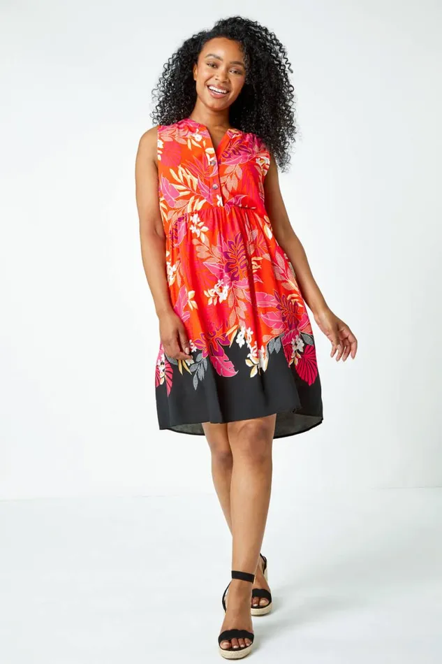 Women Pink Petite Palm Print Tunic Dress Roman Dresses