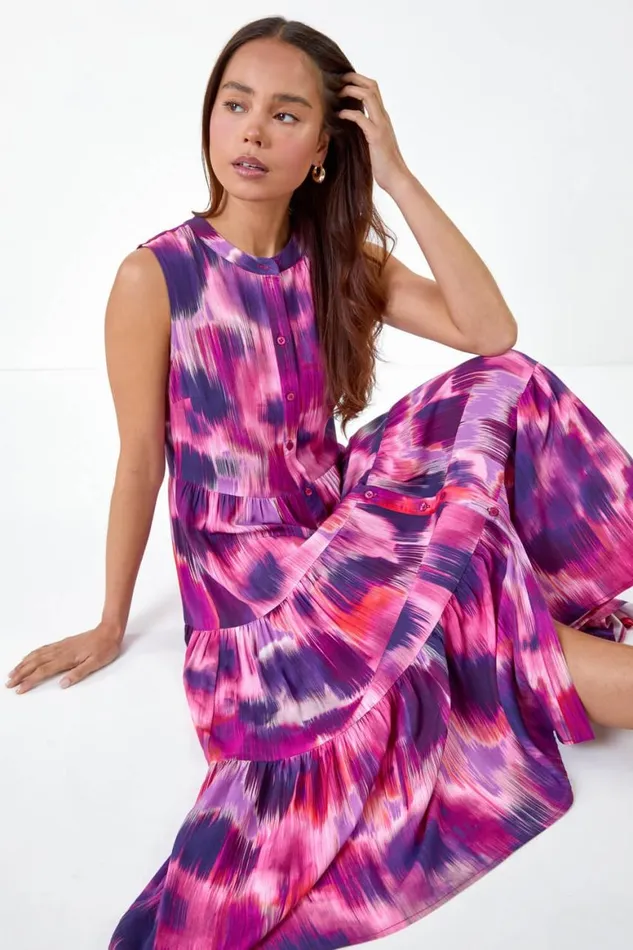 Women Pink Petite Tie Dye Midi Shirt Dress Roman Dresses