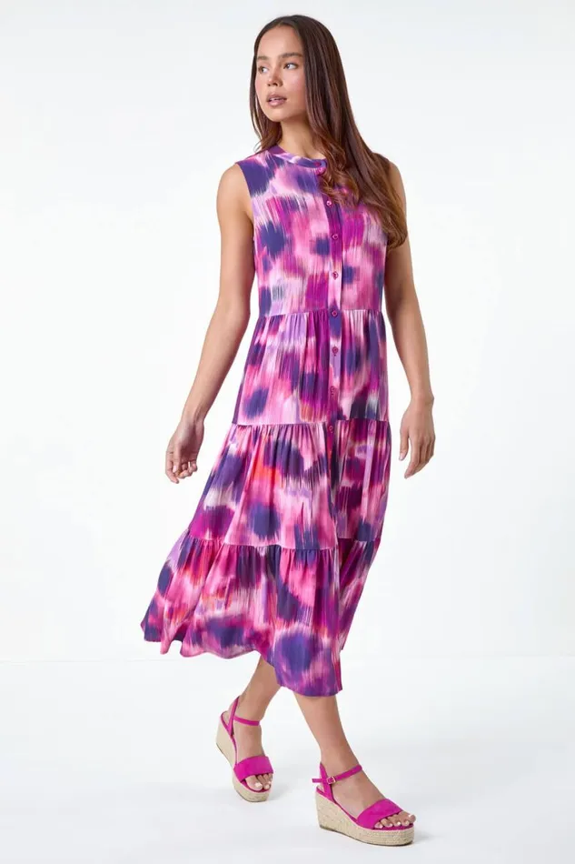 Women Pink Petite Tie Dye Midi Shirt Dress Roman Dresses