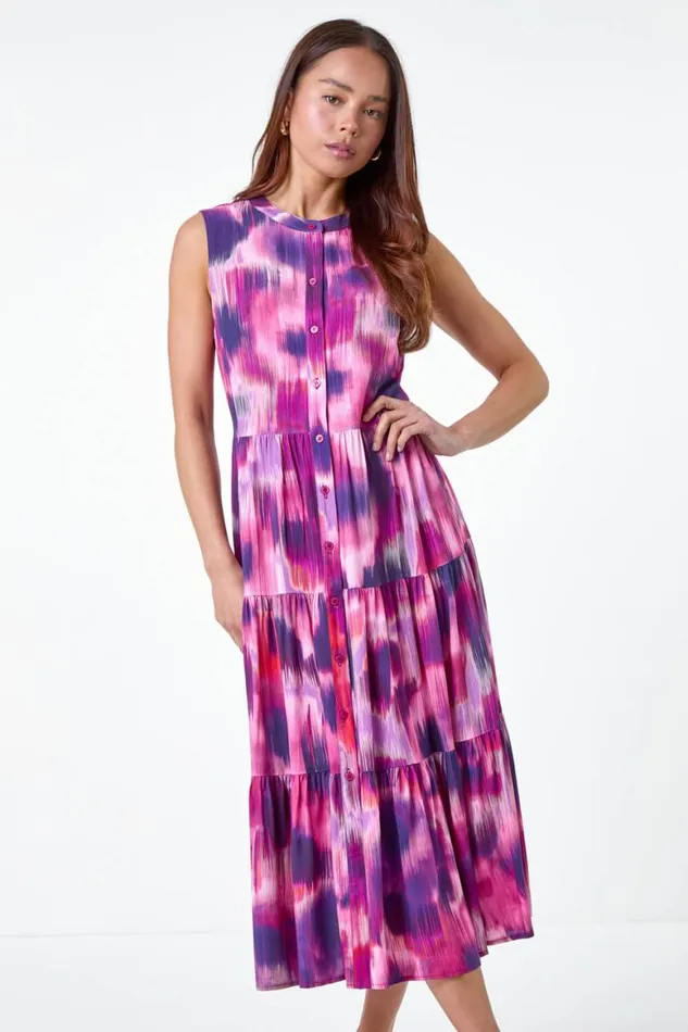 Women Pink Petite Tie Dye Midi Shirt Dress Roman Dresses
