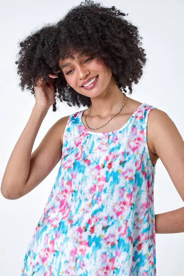 Women Pink Printed Hanky Hem VNeck Stretch Vest Top Roman Tops