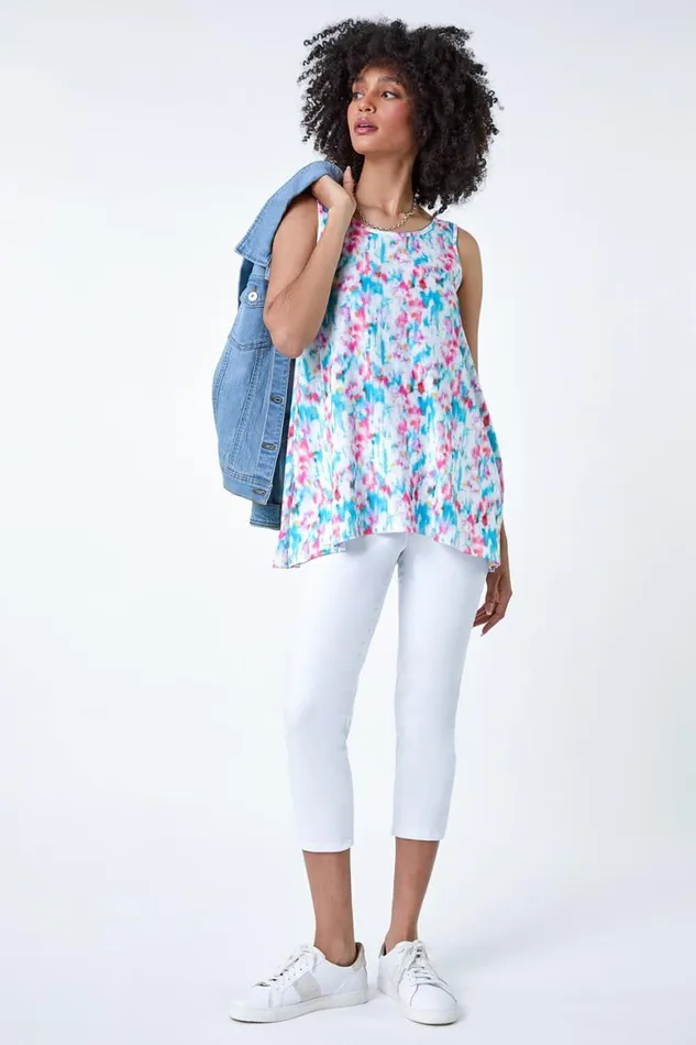 Women Pink Printed Hanky Hem VNeck Stretch Vest Top Roman Tops