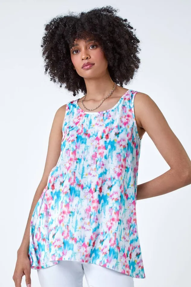 Women Pink Printed Hanky Hem VNeck Stretch Vest Top Roman Tops