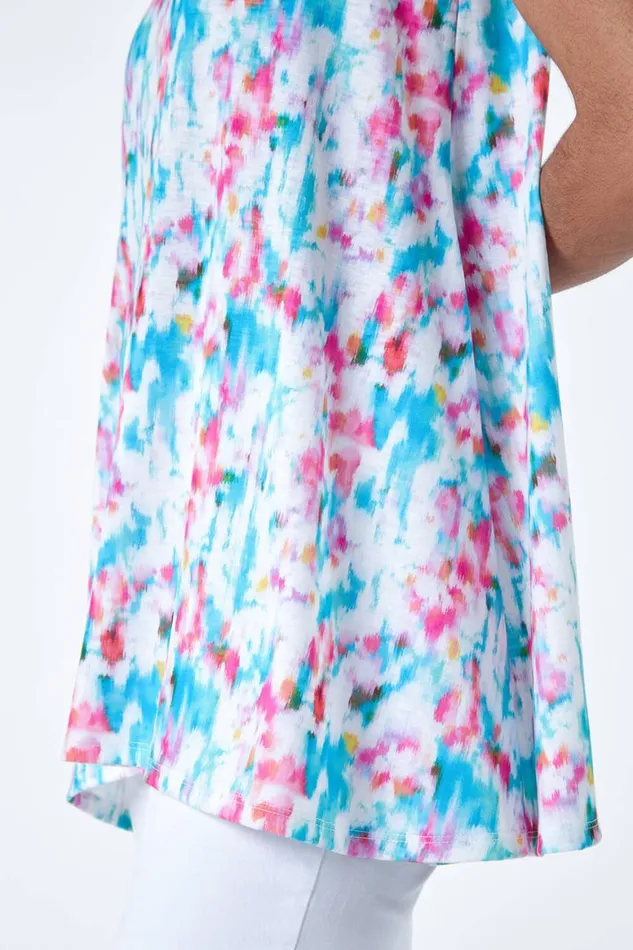 Women Pink Printed Hanky Hem VNeck Stretch Vest Top Roman Tops