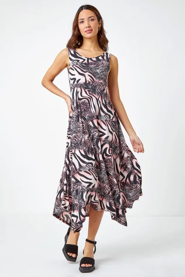 Women Pink Sleeveless Animal Asymmetric Midi Dress Roman Dresses