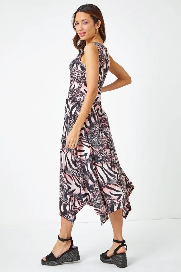 Women Pink Sleeveless Animal Asymmetric Midi Dress Roman Dresses