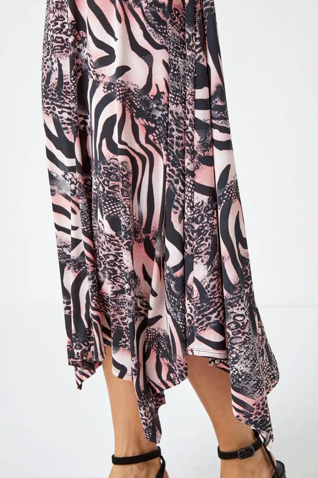 Women Pink Sleeveless Animal Asymmetric Midi Dress Roman Dresses