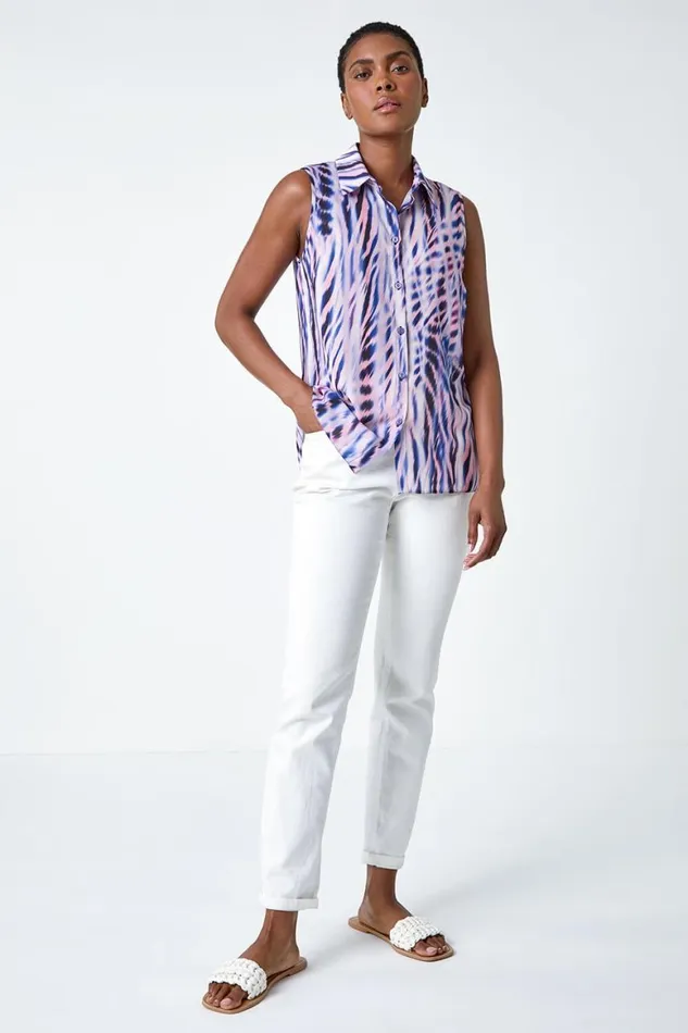 Women Pink Sleeveless VNeck Abstract Print Blouse Roman Tops