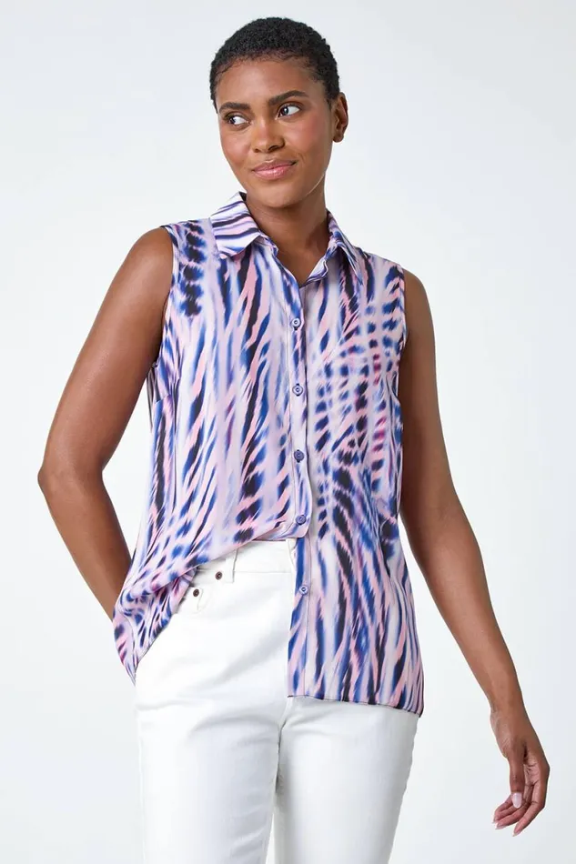 Women Pink Sleeveless VNeck Abstract Print Blouse Roman Tops