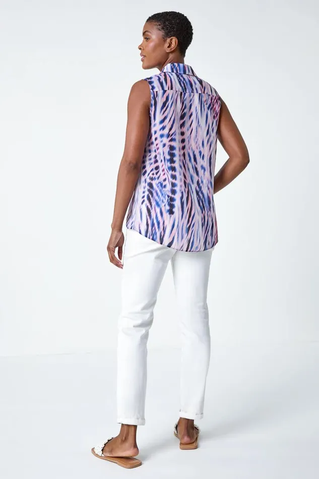 Women Pink Sleeveless VNeck Abstract Print Blouse Roman Tops