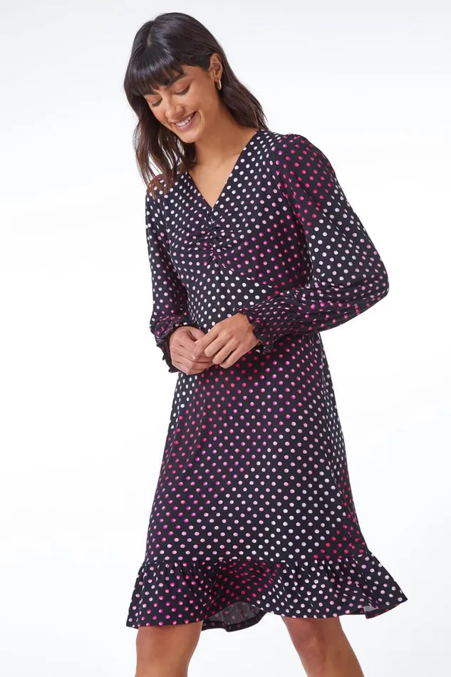 Women Pink Spot Print Ruched Detail Stretch Dress Roman Dresses