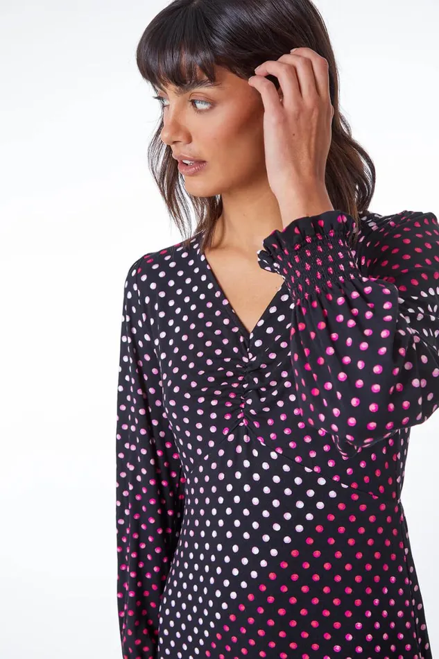 Women Pink Spot Print Ruched Detail Stretch Dress Roman Dresses