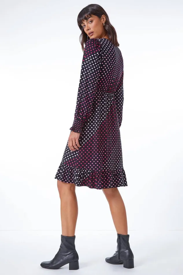 Women Pink Spot Print Ruched Detail Stretch Dress Roman Dresses