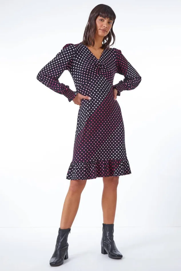 Women Pink Spot Print Ruched Detail Stretch Dress Roman Dresses