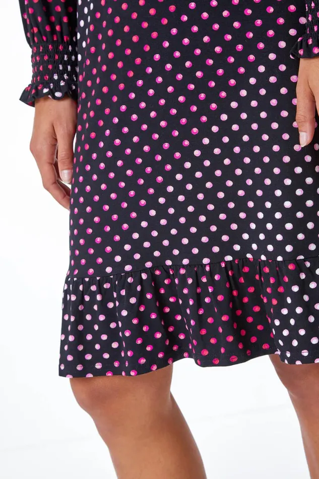 Women Pink Spot Print Ruched Detail Stretch Dress Roman Dresses