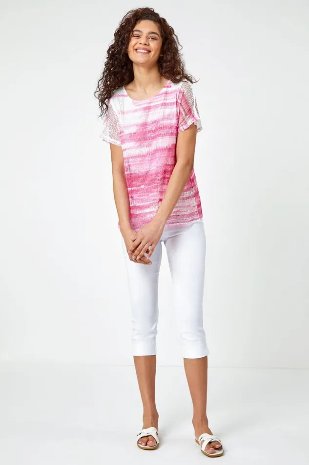 Women Pink Stripe Print Mesh Overlay Top Roman Tops