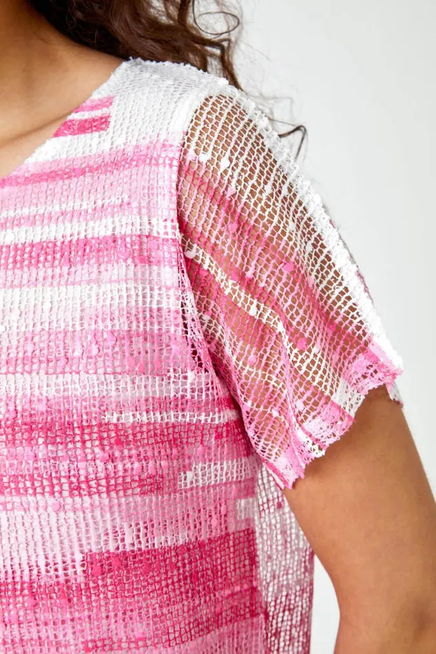 Women Pink Stripe Print Mesh Overlay Top Roman Tops