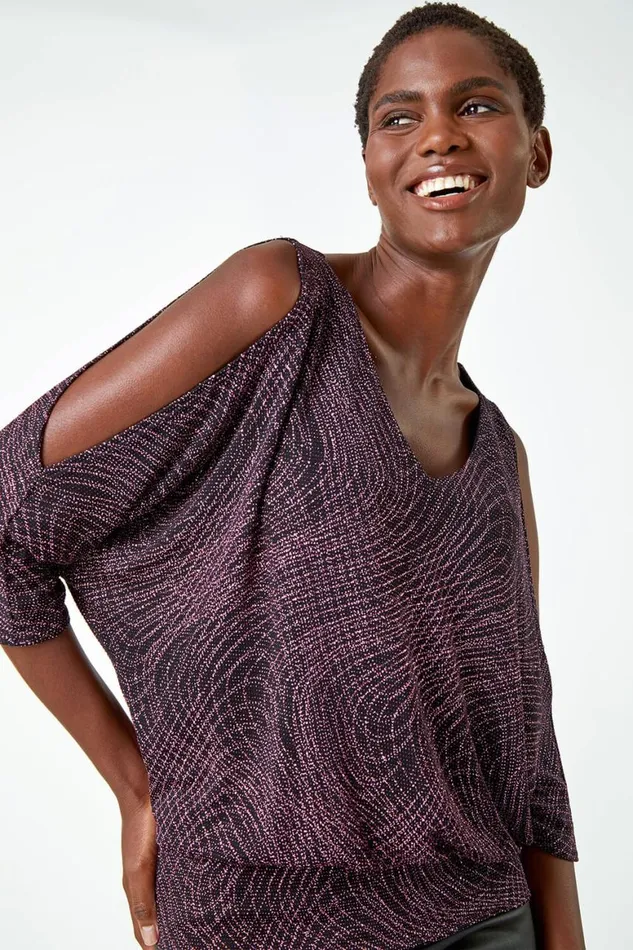 Women Pink Swirl Print VNeck Glitter Blouson Top Roman Tops