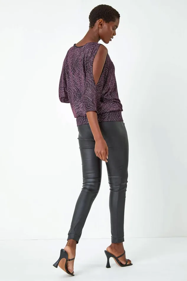 Women Pink Swirl Print VNeck Glitter Blouson Top Roman Tops