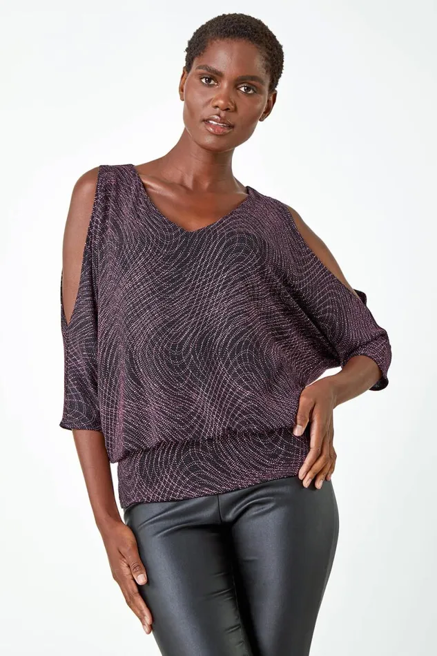 Women Pink Swirl Print VNeck Glitter Blouson Top Roman Tops