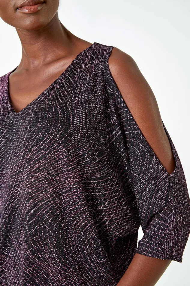 Women Pink Swirl Print VNeck Glitter Blouson Top Roman Tops