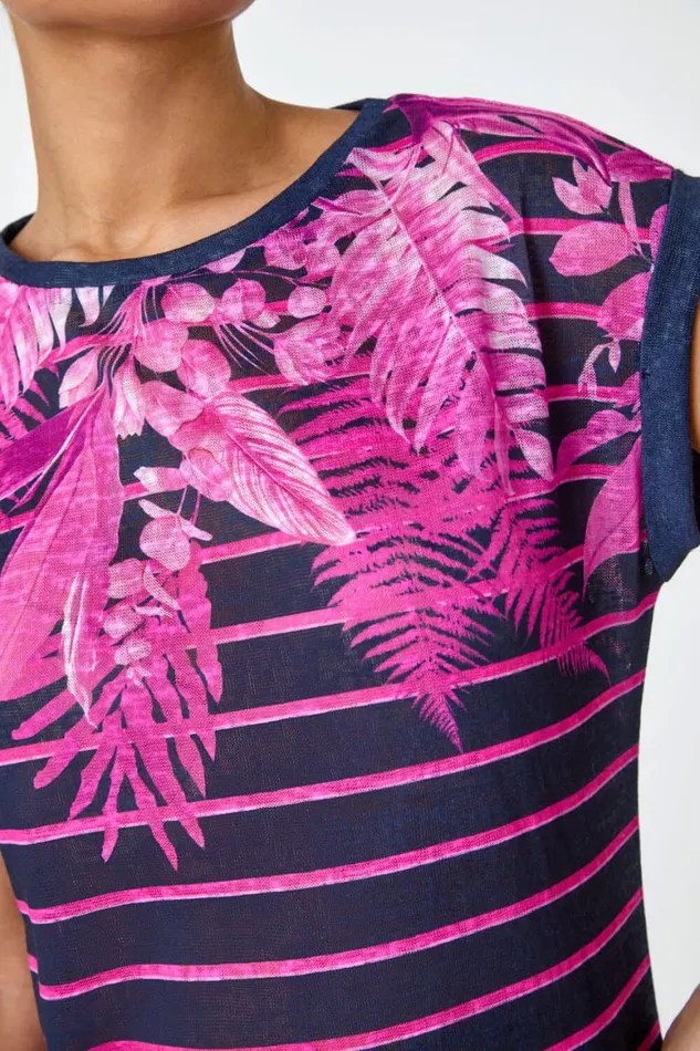 Women Pink Tropical Leaf Stripe Stretch TShirt Roman Tops