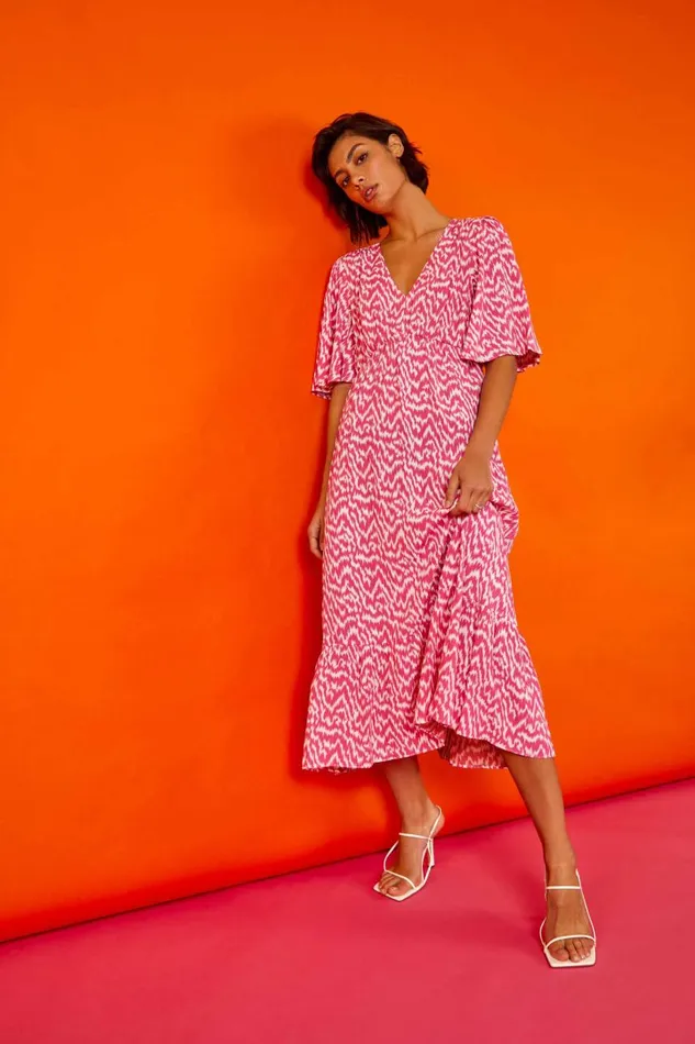 Women Pink Zig Zag Print Tiered Hem Midi Dress Roman Dresses