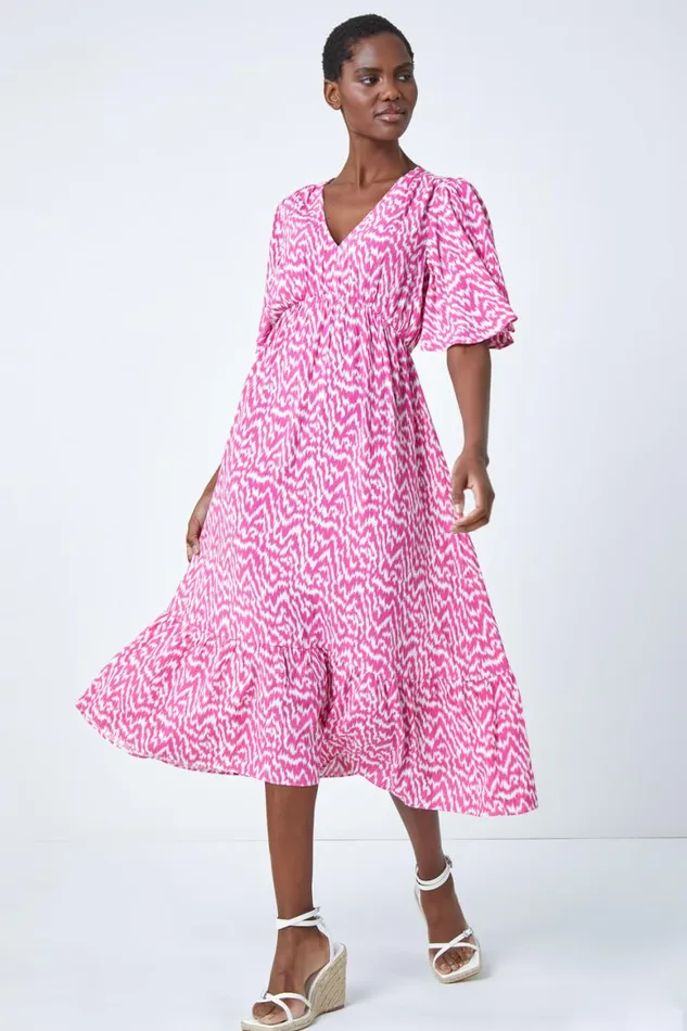 Women Pink Zig Zag Print Tiered Hem Midi Dress Roman Dresses