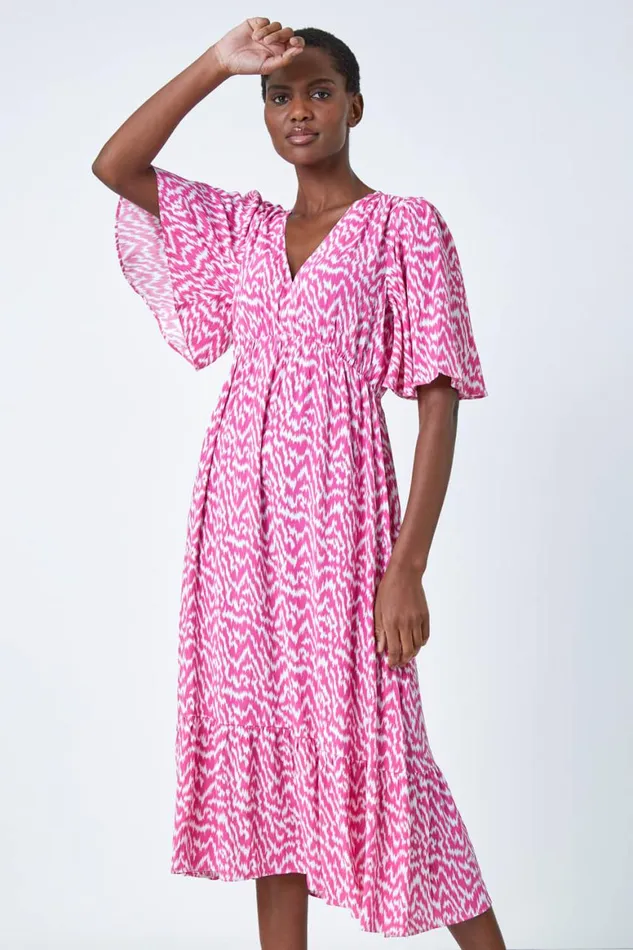 Women Pink Zig Zag Print Tiered Hem Midi Dress Roman Dresses