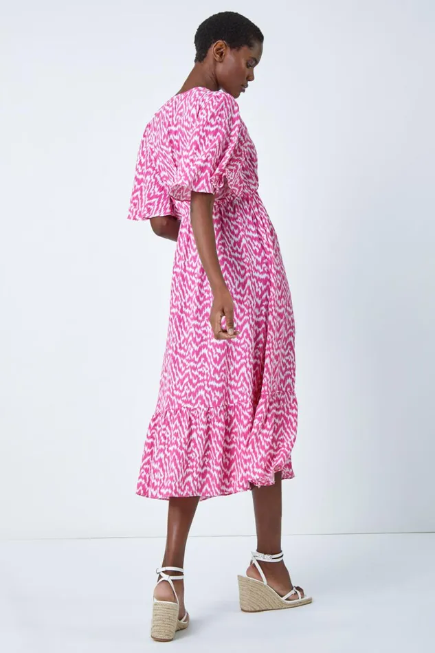 Women Pink Zig Zag Print Tiered Hem Midi Dress Roman Dresses