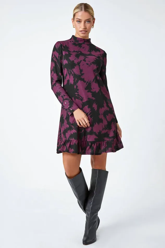 Women Plum Abstract Print Frill Hem Mesh Dress Roman Dresses