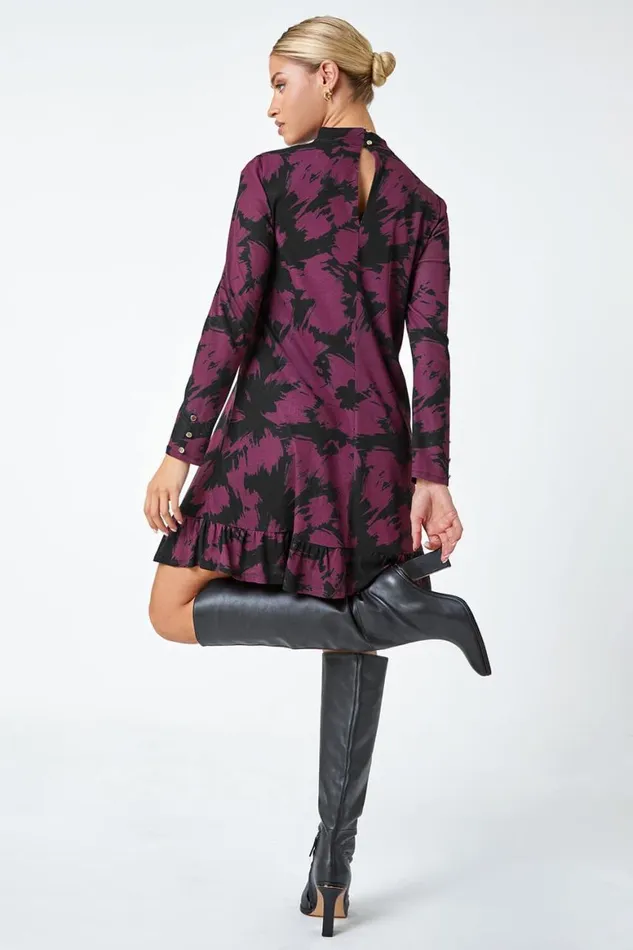 Women Plum Abstract Print Frill Hem Mesh Dress Roman Dresses