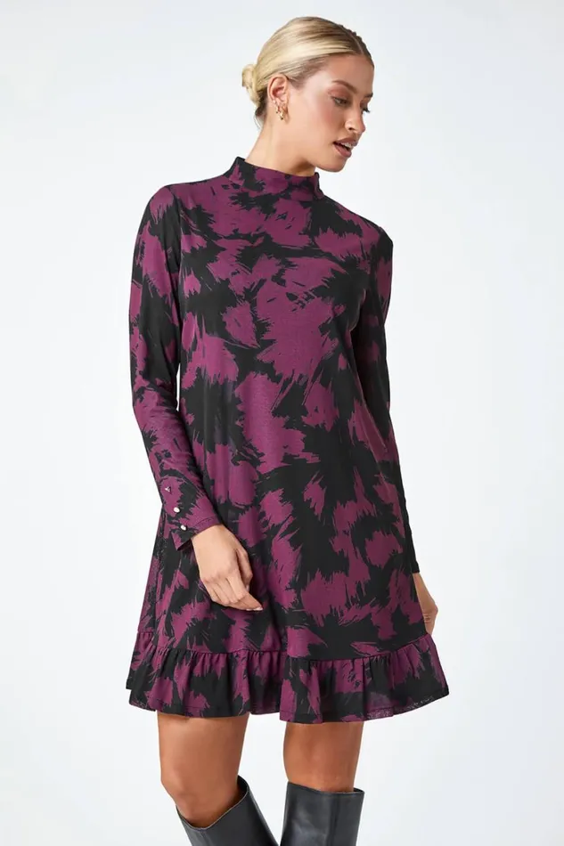 Women Plum Abstract Print Frill Hem Mesh Dress Roman Dresses