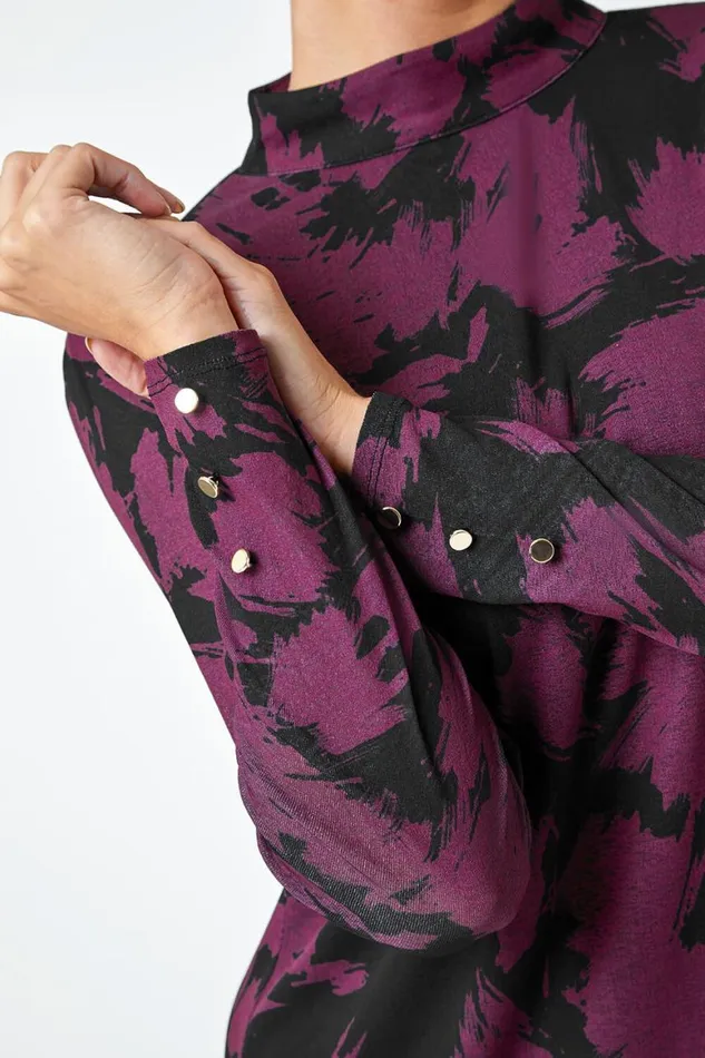 Women Plum Abstract Print Frill Hem Mesh Dress Roman Dresses