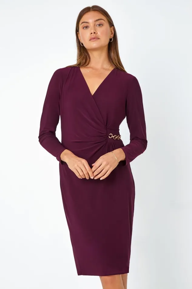 Women Plum Chain Detail Stretch Bodycon Midi Wrap Dress Roman Dresses