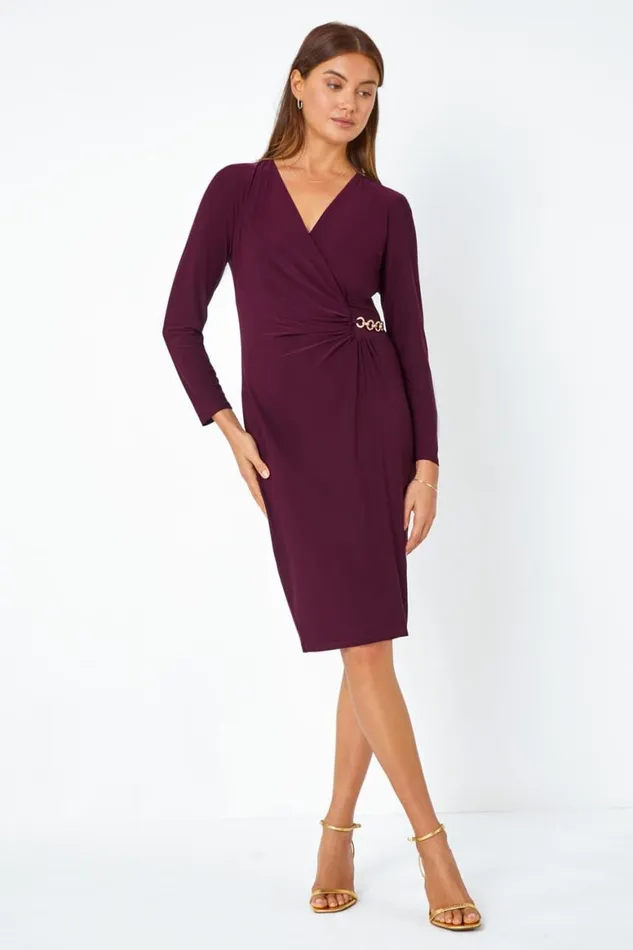 Women Plum Chain Detail Stretch Bodycon Midi Wrap Dress Roman Dresses