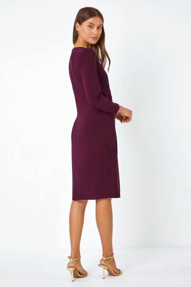 Women Plum Chain Detail Stretch Bodycon Midi Wrap Dress Roman Dresses
