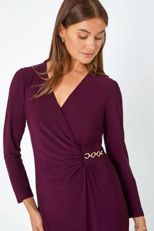 Women Plum Chain Detail Stretch Bodycon Midi Wrap Dress Roman Dresses