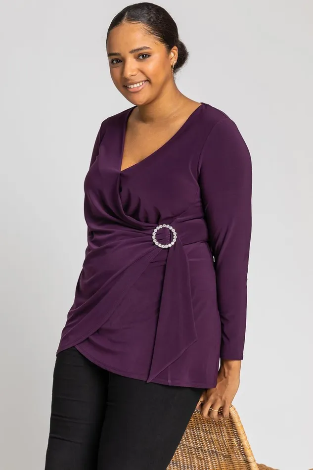 Women Plum Curve Wrap Diamante Buckle Top Roman Tops