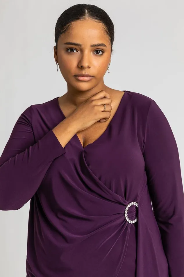 Women Plum Curve Wrap Diamante Buckle Top Roman Tops