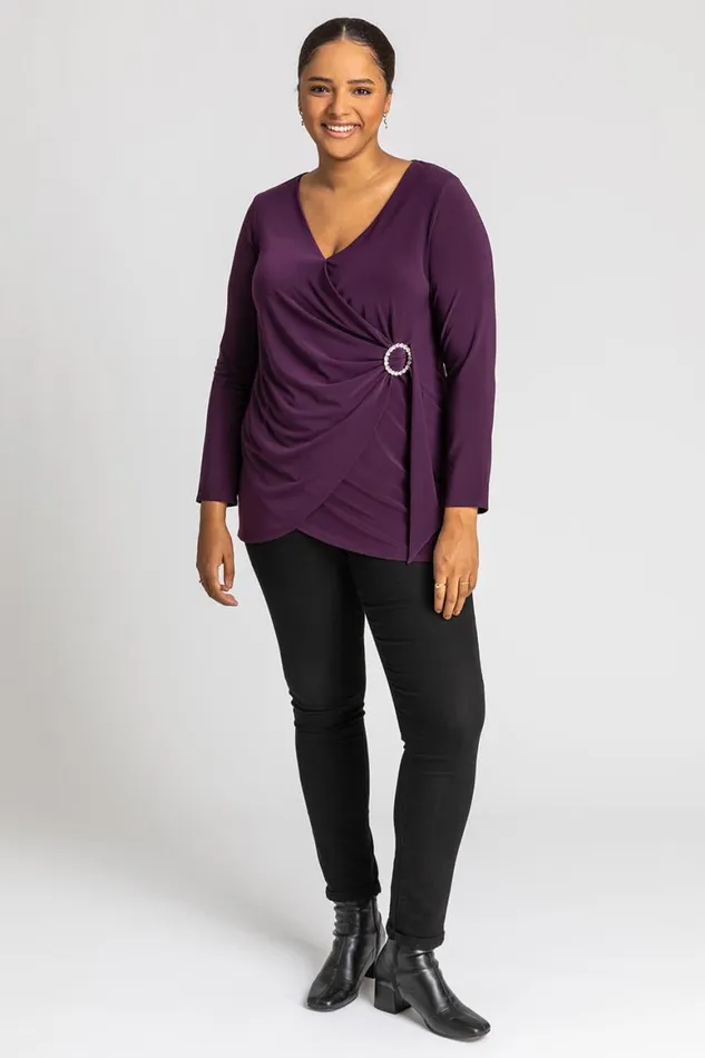 Women Plum Curve Wrap Diamante Buckle Top Roman Tops