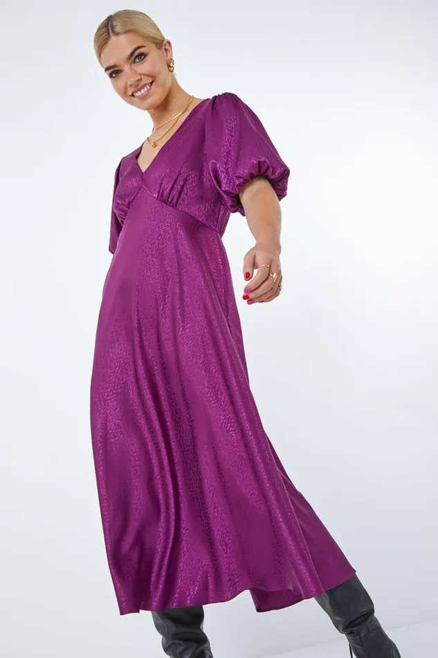 Women Plum Puff Sleeve Satin Midi Dress Roman Dresses
