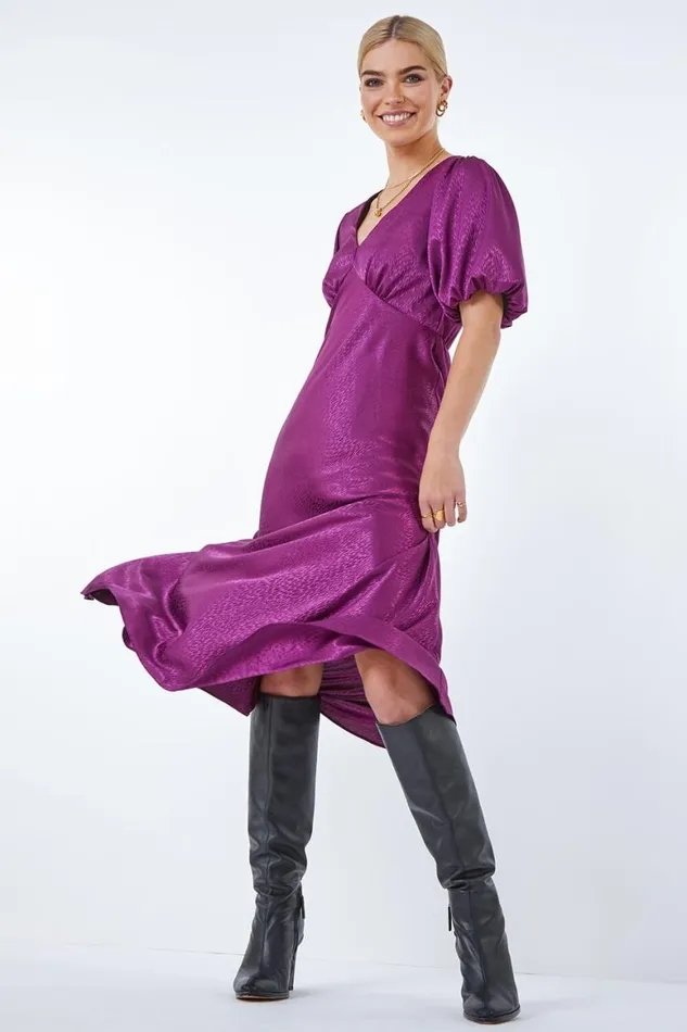 Women Plum Puff Sleeve Satin Midi Dress Roman Dresses
