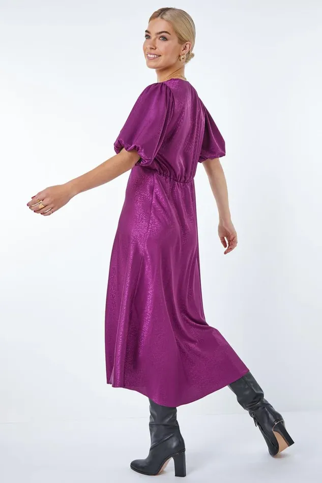 Women Plum Puff Sleeve Satin Midi Dress Roman Dresses
