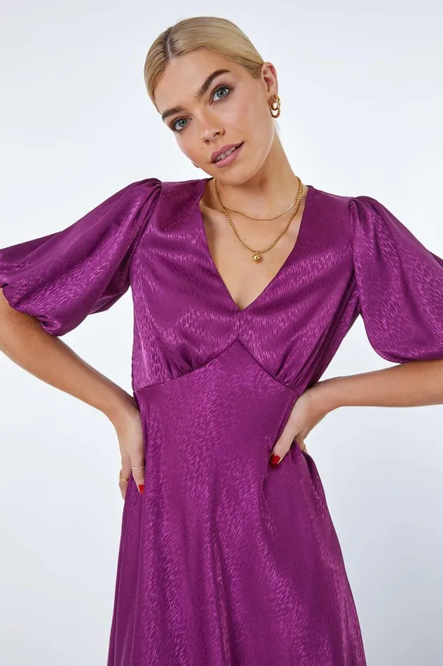 Women Plum Puff Sleeve Satin Midi Dress Roman Dresses
