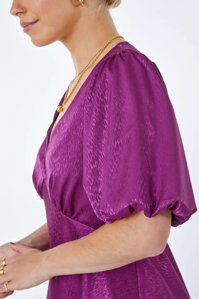 Women Plum Puff Sleeve Satin Midi Dress Roman Dresses